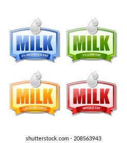 Four glossy milk labels that depict different types of milk