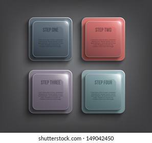 Four glossy plastic banners template over dark pattern background for business design, infographics, reports, progress, number options, step presentation or workflow layout. Clean and modern style