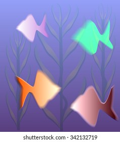 Four glowing fish and seaweed  vector illustration