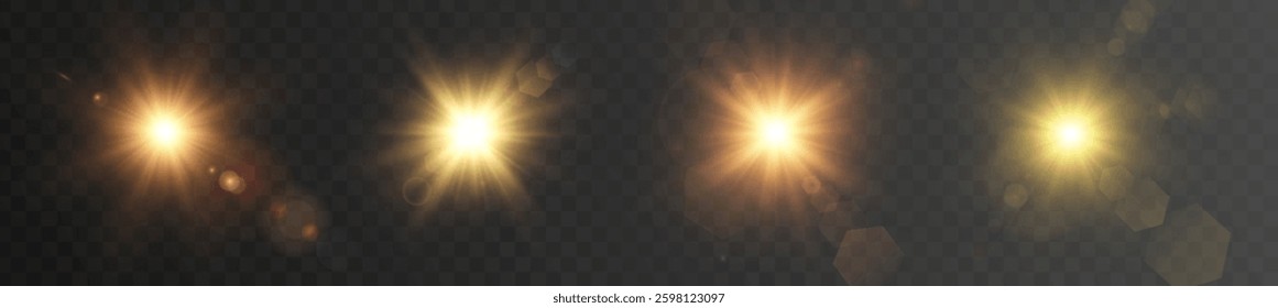Four glowing flashes of light with highlights on a dark background. Ideal for colourful visual and sonic effects. Vector Illustration