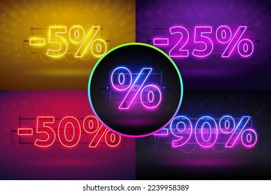 Four Glowing Neon Discount Banners Set. Stock vector clipart collection for sales design.