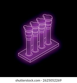 Quatro velas de ignição roxa neon brilhantes permanecem em uma plataforma contra um fundo escuro, criando uma imagem impressionante