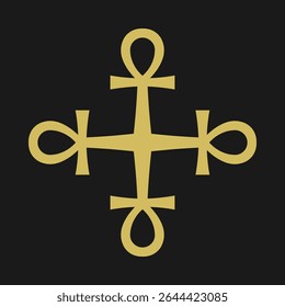 Four gold, black ankh cross symbols. A hieroglyph originating from Ancient Egypt that represents life, immortality and reincarnation.