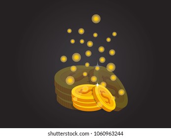 Four Gold coins vector EPS10 icon with dollar sign. on dark Background. Vector illustration.