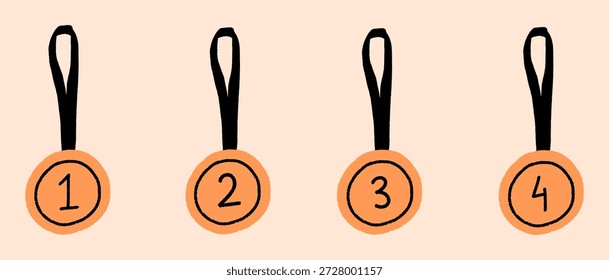 Quatro medalhas de ouro com diferentes fitas coloridas e números de ranking, ilustração vetor de medalhas vencedoras