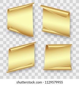 four gold sheets of paper for writing, gift, advertising, Christmas, birthday on transparent background