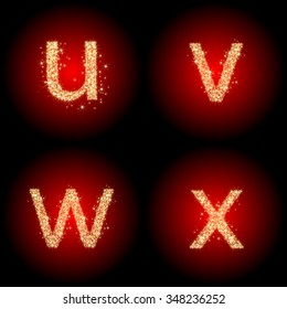 four gold sparkling alphabet letters on red balloons