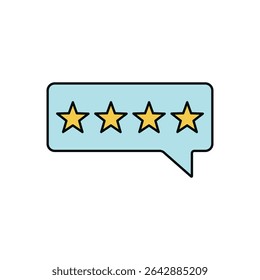 Four gold stars rating icon in blue speech bubble symbolizing positive customer review