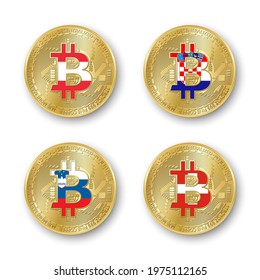Four golden Bitcoin coins with flags of Austria, Croatia, Slovenia and Switzerland. Vector cryptocurrency icons isolated on white background. Blockchain technology symbol