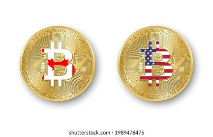 Four golden Bitcoin coins with flags of Canada and America. Vector cryptocurrency icons isolated on white background. Blockchain technology symbol