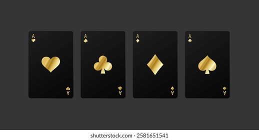 
Four golden black races playing card suits. Hearts, spades, diamonds, suit cards.