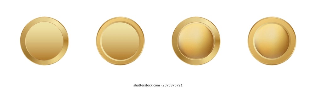 Four golden coins with blank centers featuring different shades and textures of gold color.