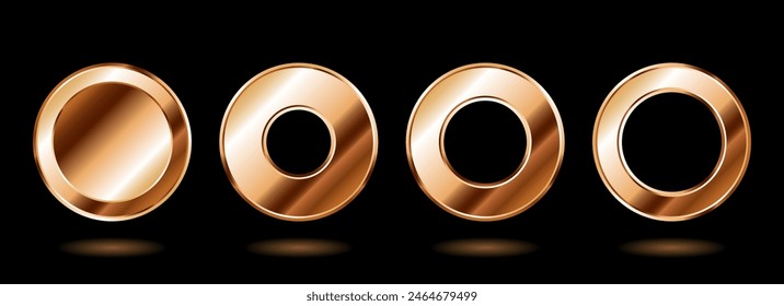 Four golden coins and circles, realistic frames, luxury graphic design elements. Vector illustration.