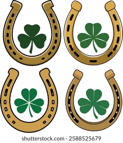 Four Golden Horseshoes with Green Shamrock Clovers Symbolizing Luck