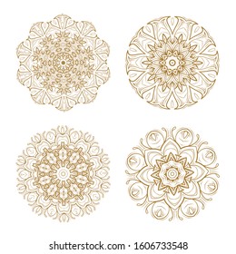 Four golden mandala vector illustrations. Ethnic style temporary tattoos set.