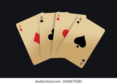 Four golden playing cards with all aces of spades, hearts, clubs, and diamonds on black background