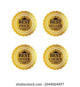 Four golden seals showing best, price, seller, offer, and choice, for year badge vector illustartion