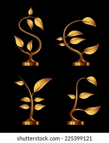 Four golden seedlings in the form of currency symbols. Eps8. CMYK. Organized by layers. Global colors. Gradients used.