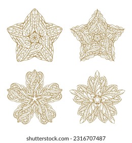 Four golden star shape mandalas set. Ethnic style vector decoration. Temporary tattoo templates.