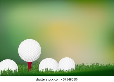 Four golf ball on green with green blurred background.Design for golf tournament banner in vector illustration.