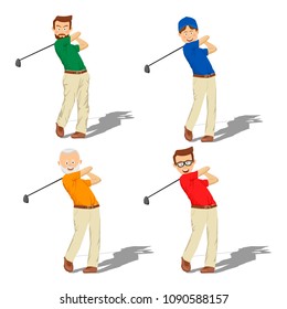 Four golf male players of different ages hitting ball