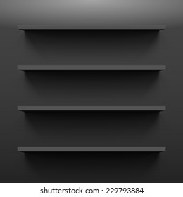 Four gorizontal black bookshelves on a dark wall