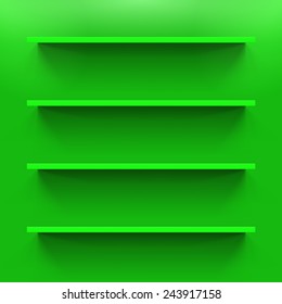 Four gorizontal green bookshelves on the  wall