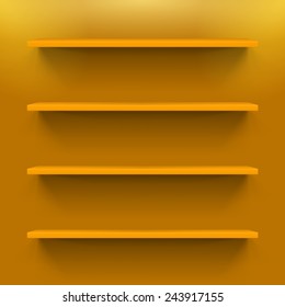 Four gorizontal orange shelves on the  wall