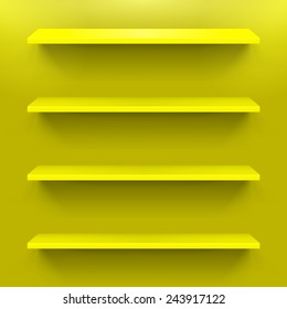 Four gorizontal yellow shelves on the yellow wall