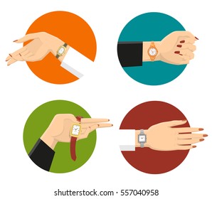 Four graceful women hands in colored circles with classic wrist watches on strap flat isolated vector illustration