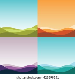 Four gradient abstract backgrounds set. Nature landscapes, forest, desert, dawn, sunrise, different game levels and stages, wallpapers concepts. Vector illustration