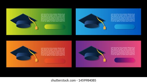 four graduation banners design. web banners with graduation cap. gradient color.trendy color. modern design.set 