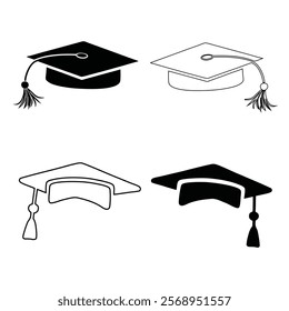 Four Graduation Cap Icons in Black and White
