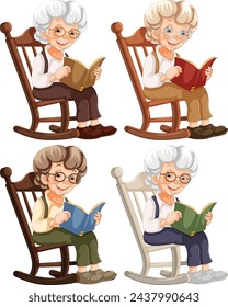 Cuatro abuelas sentadas, leyendo libros en sillas