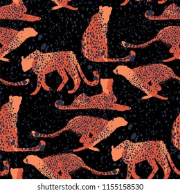 Four graphic cheetahs in different poses with abstract spots on bakcground. Vector african seamless pattern drawn with rough brush in vibrant colors