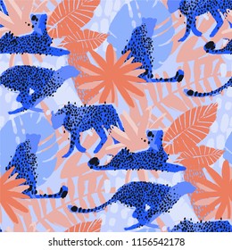 Four graphic cheetahs in different poses surrounded by exotic plants. Vector african seamless pattern drawn with rough brush in vibrant colors