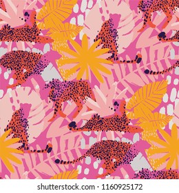 Four graphic cheetahs in different poses surrounded by exotic plants. Vector african seamless pattern drawn with rough brush in vibrant colors