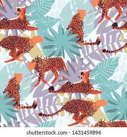 Four graphic cheetahs in different poses surrounded by exotic plants. Vector african seamless pattern drawn with rough brush in gentle colors