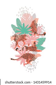 Four graphic cheetahs in different poses surrounded by exotic plants. Vector african art drawn with rough brush in gentle colors