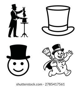 Four Graphic Elements Set Featuring Magician Top Hat Snowman and Smiling Face Icons
