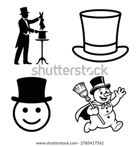 Four Graphic Elements Set Featuring Magician Top Hat Snowman and Smiling Face Icons