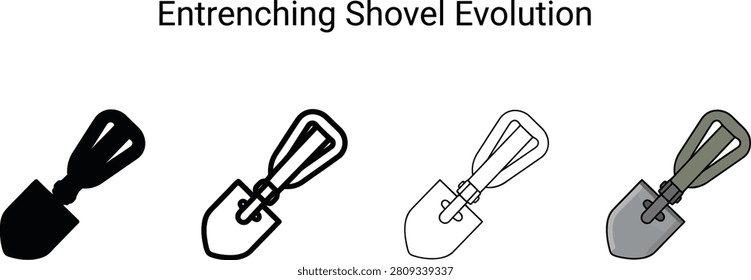 Four graphic illustrations depict an entrenching shovel transitioning from silhouette to detailed color design