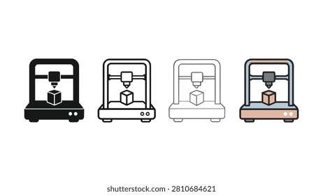 Four graphic representations of a 3D printer with a cube being created on its platform