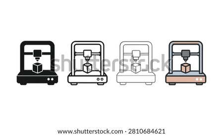 Four graphic representations of a 3D printer with a cube being created on its platform
