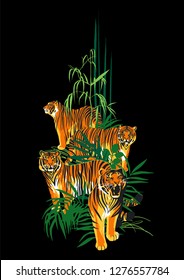 Four graphic tigers standing, walking and roaring among the exotic leaves and trees. Vector art isolated on black background