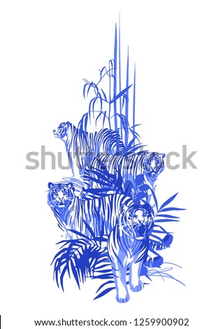 Four graphic tigers standing, walking and roaring among the exotic leaves and trees. Vector art isolated on white background