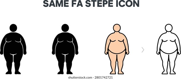 Four graphic vector icons depicting a fullbody overweight female figure in various illustrative styles standing