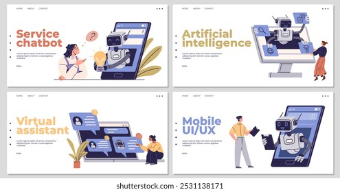 Four graphical scenes highlight service chatbots, artificial intelligence, virtual assistants, and mobile UI UX. Ideal for technology, customer support, smart devices, user experience design, and