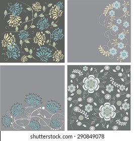 Four gray cards with floral background