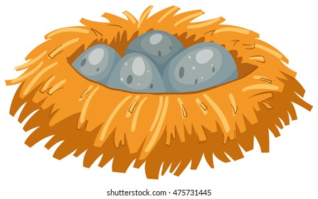 Four gray eggs in bird nest illustration